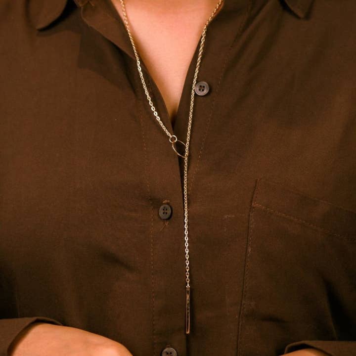 Gold Silver Single Long Slim Bar Drop Y Shape Circle Interlock Lariat Necklace for wholesale by The Colourful Aura