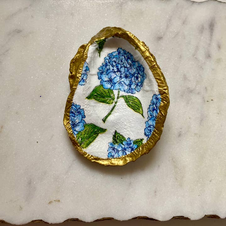 Del Mar Designs DC - Wholesale Jewelry Dish - Blue Hydrangea Oyster Shell Jewelry Dish