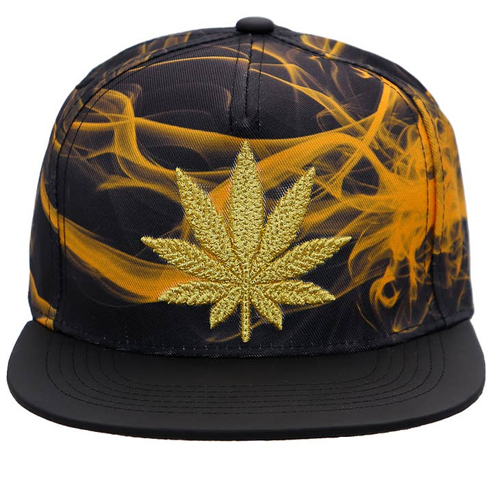 Cap Zone - Wholesale Flat Brim Cap - Men's - Metallic Marijuana Leaf Smoke PU Leather Flat Bill Snapback