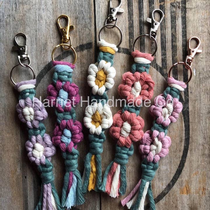 Double Daisy Chain Flower Macrame Key Chain -- Variety Pack for wholesale by Harriet Handmade Co.