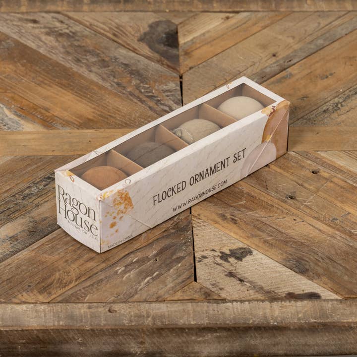 Ragon House - Wholesale Ornament Set - SET/ 4 - 3.25" TAN FLOCKED BALLS