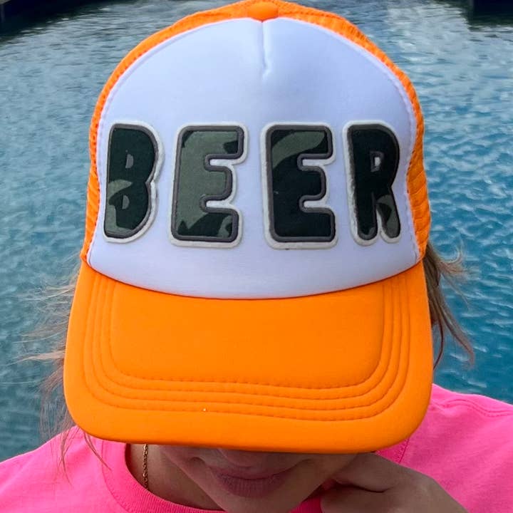 Beer 🍺 Hunting 🦌 Camo Chenille Patch Orange Trucker Hat for wholesale by Dilworth Road
