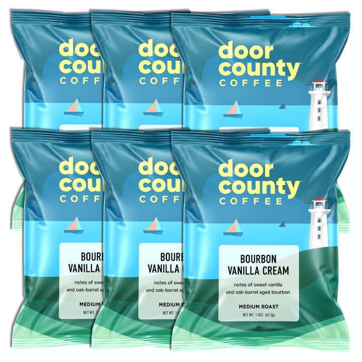 Bourbon Vanilla Creme Flavored Coffee, 1.5oz, 6 pack for wholesale by Door County Coffee