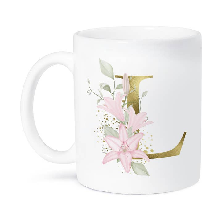 3dRose – wholesale Coffee mug – 3dRose, Pretty Pink Lily Floral Image Of Gold Monogram Initial L, Mug8