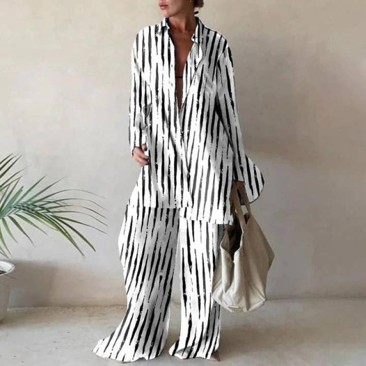 FurDecoration - Wholesale Top & Pant Set (NOT Loungewear) - Women's - Printed Loose Fit Long Sleeve Shirt And Straight Leg Pants