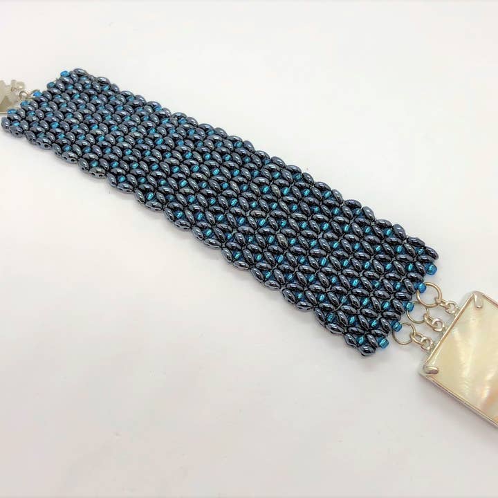 Blue and Gunmetal X&O Hand Sewn Bracelet for wholesale by EMMIS JEWELRY