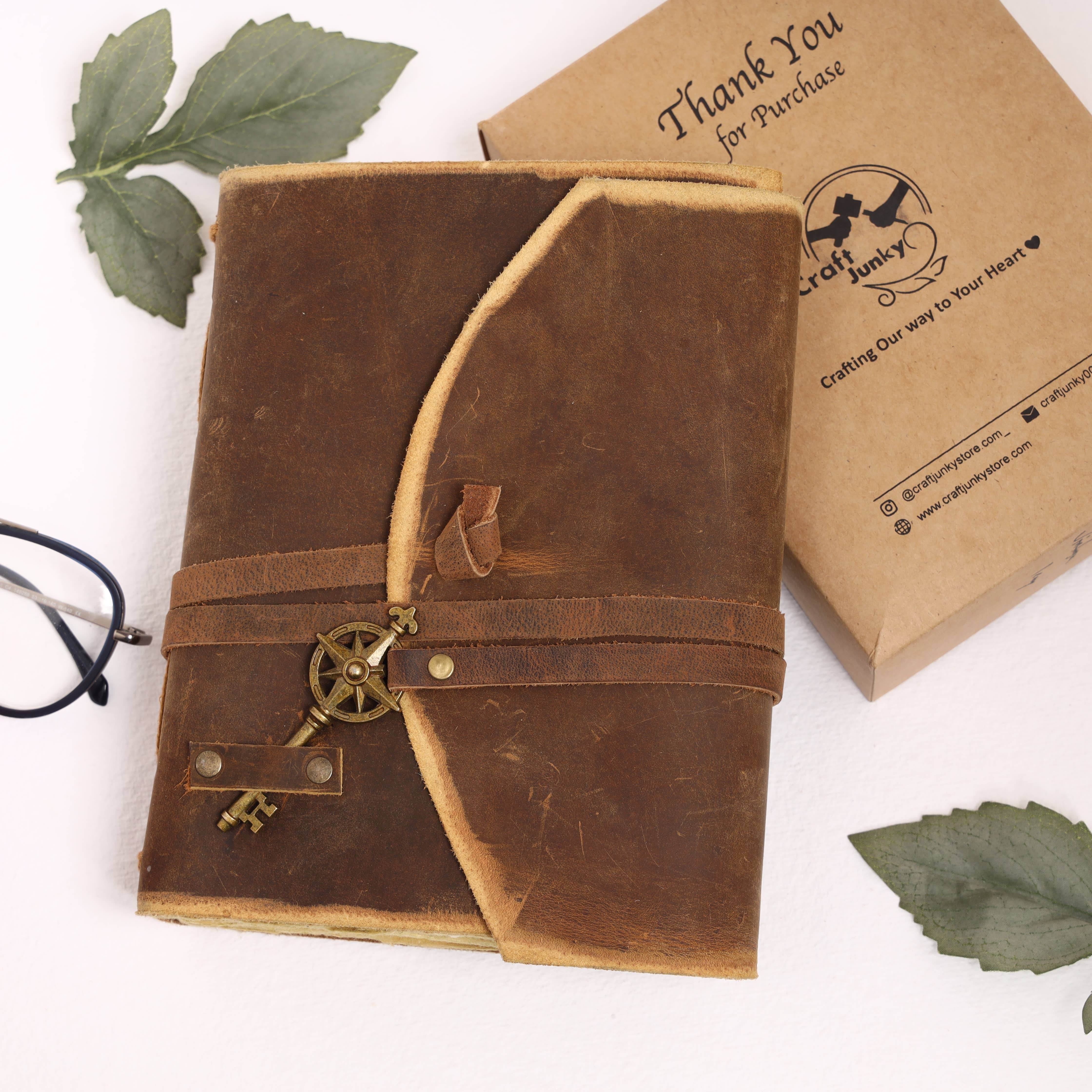 R K Handicrafts and Exporters - Wholesale Journal/Diary - Vintage Leather Bound Grimoire Journal with Key 6*8 Size 7