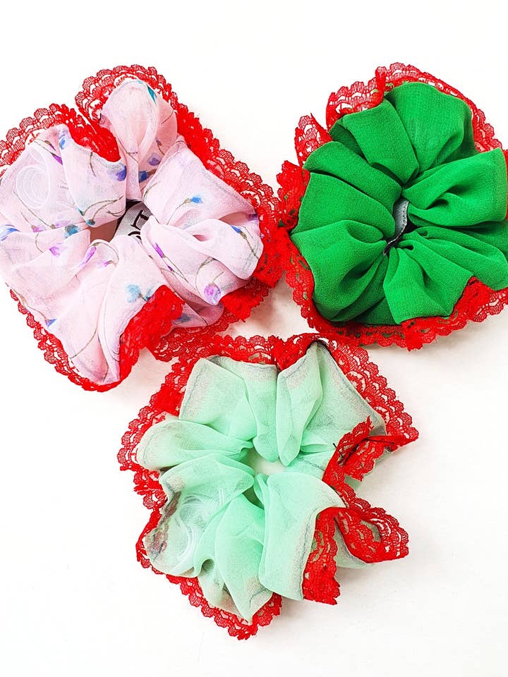 Elásticos de cabelo em chiffon reciclado com renda. por atacado de Beige & Co Thai Crafts