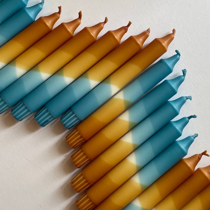 Caramel and Hawaiian Blue Dip Dyed Dinner Candles for wholesale by The Singing Rabbit