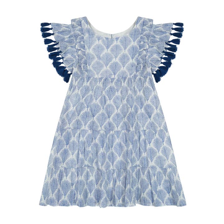 Robe Sophie à pompons en plumes bleu marine pour fille pour la vente par Mer St. Barth