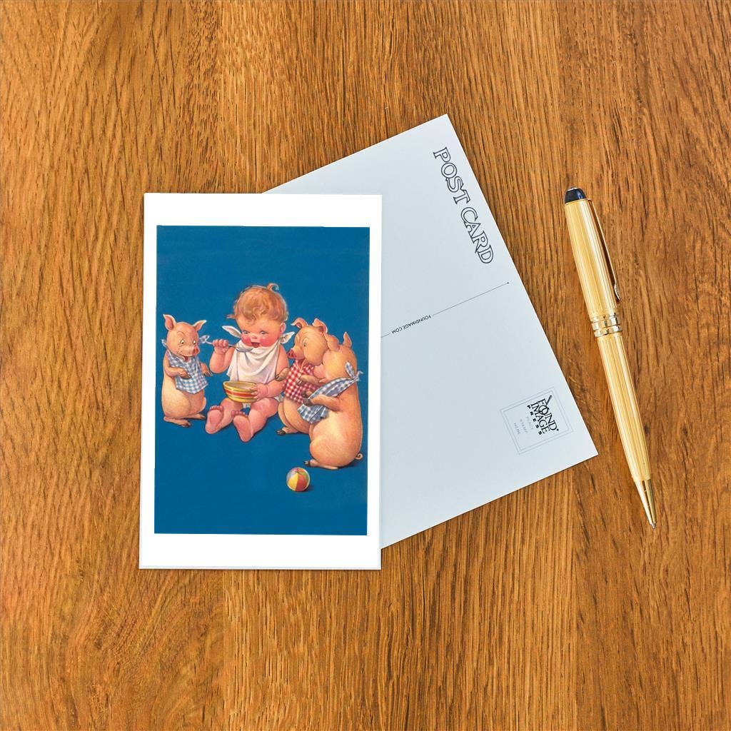 Found Image Press – wholesale Postcard – Postcard KF-665 BAby with Pigs Eating Cereal1