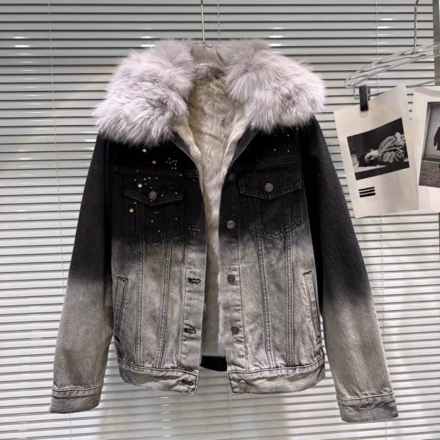 Productseeker - Wholesale Denim Jacket - Women's - CT142 2025 Winter Gradient Denim Coat with Fox Fur Collar8