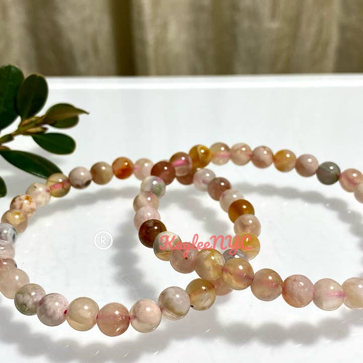 KayleeNYC - Wholesale Beaded Bracelet - Natural Flower Agate 6mm 7.5” Crystal Stretch Bracelet7