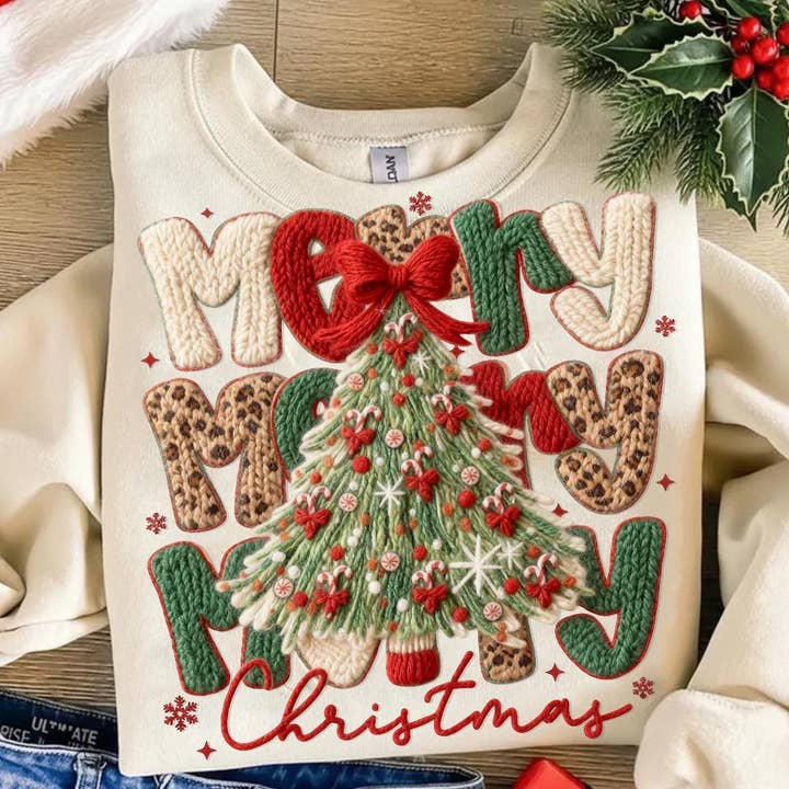 DLT Ecommerce - Wholesale T-shirt (graphic) – women's - Leopard Merry Christmas Latch Hook Yarn Faux Crochet Shirt3