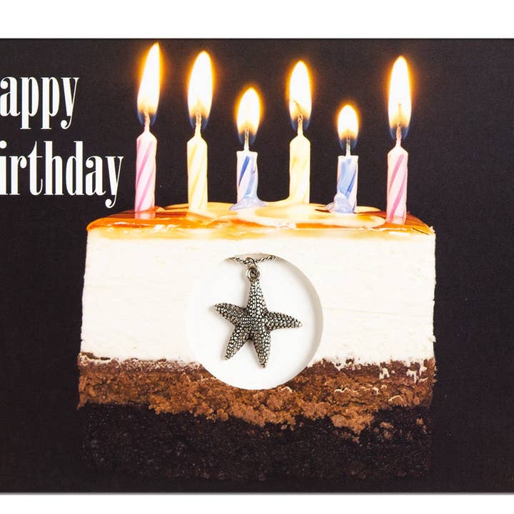 HAPPY BIRTHDAY CHOC. CAKE CARD W/ SEA STAR NECKLACE for wholesale by Benjamin International
