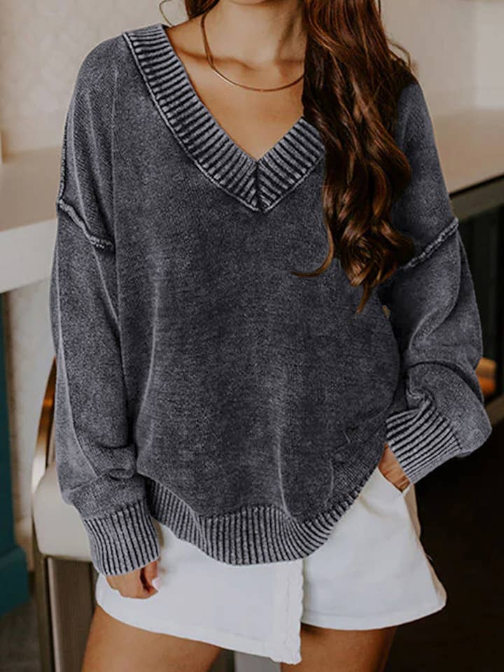 Mineral Wash Knit Exposed Seam Drop Shoulder Loose Sweater for wholesale by LA Society