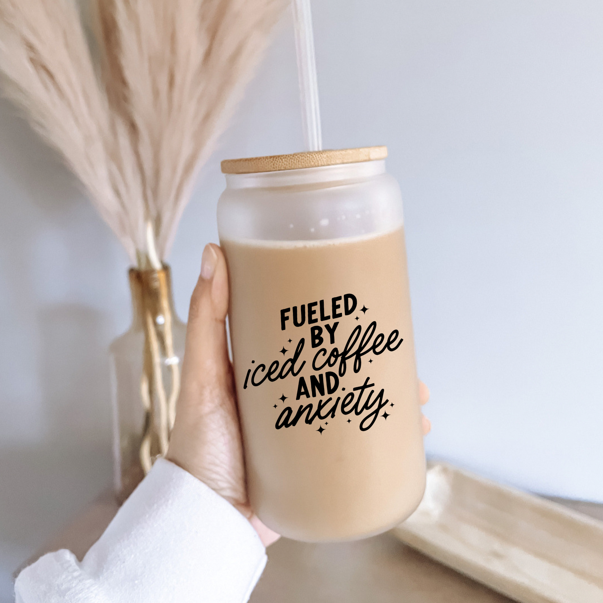 Boho + Babe - Wholesale Drinking Glass/Cup - Iced Coffee and Anxiety 16 oz Glass Cup with Bamboo Lid2