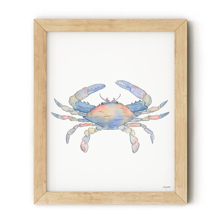 Blue Crab Beach Art, Coastal Watercolor Wall Art for wholesale by KelseyMDesigns