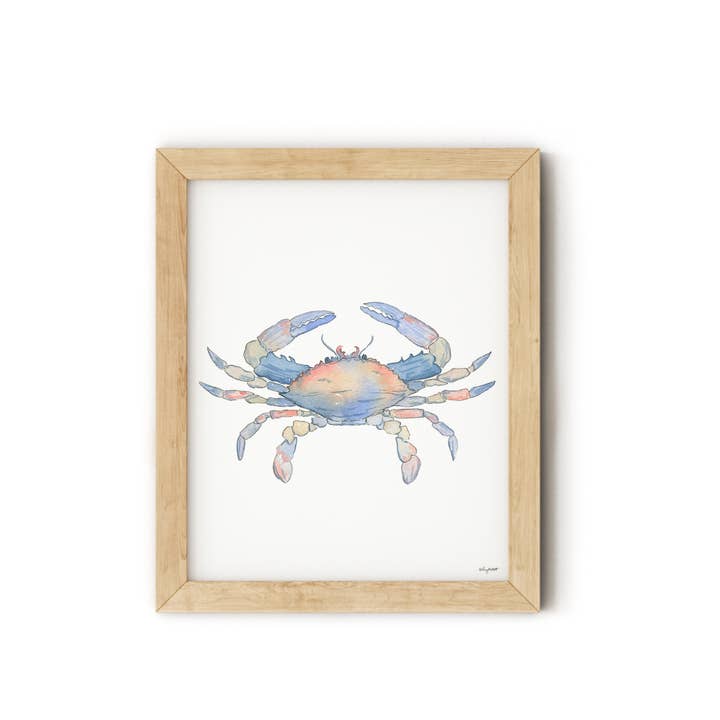 KelseyMDesigns - Wholesale Art Print - Blue Crab Beach Art, Coastal Watercolor Wall Art