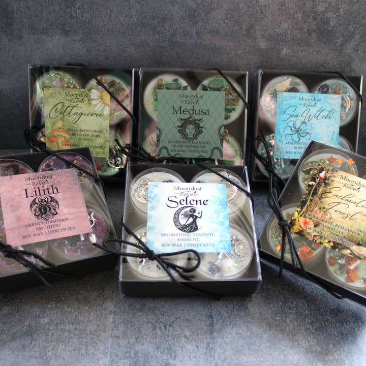 Moondust and Raven - Wholesale Tea Light Candles - Evil Eye Tealight Crystal Candles, Ritual Candles