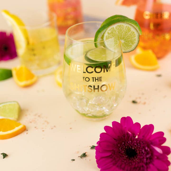 Chez Gagné - Wholesale Wine Glass - Welcome to the Shitshow - Gold Foil Stemless Wine Glass1