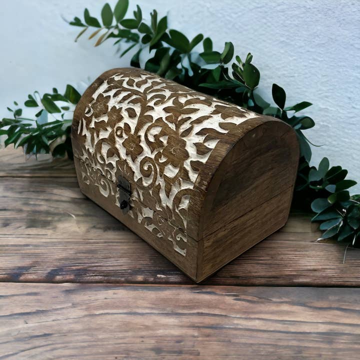 Wilco Home - Wholesale Decorative Box - Spring Carved Wood "Flower Garden" Hinged Box Table Chest10