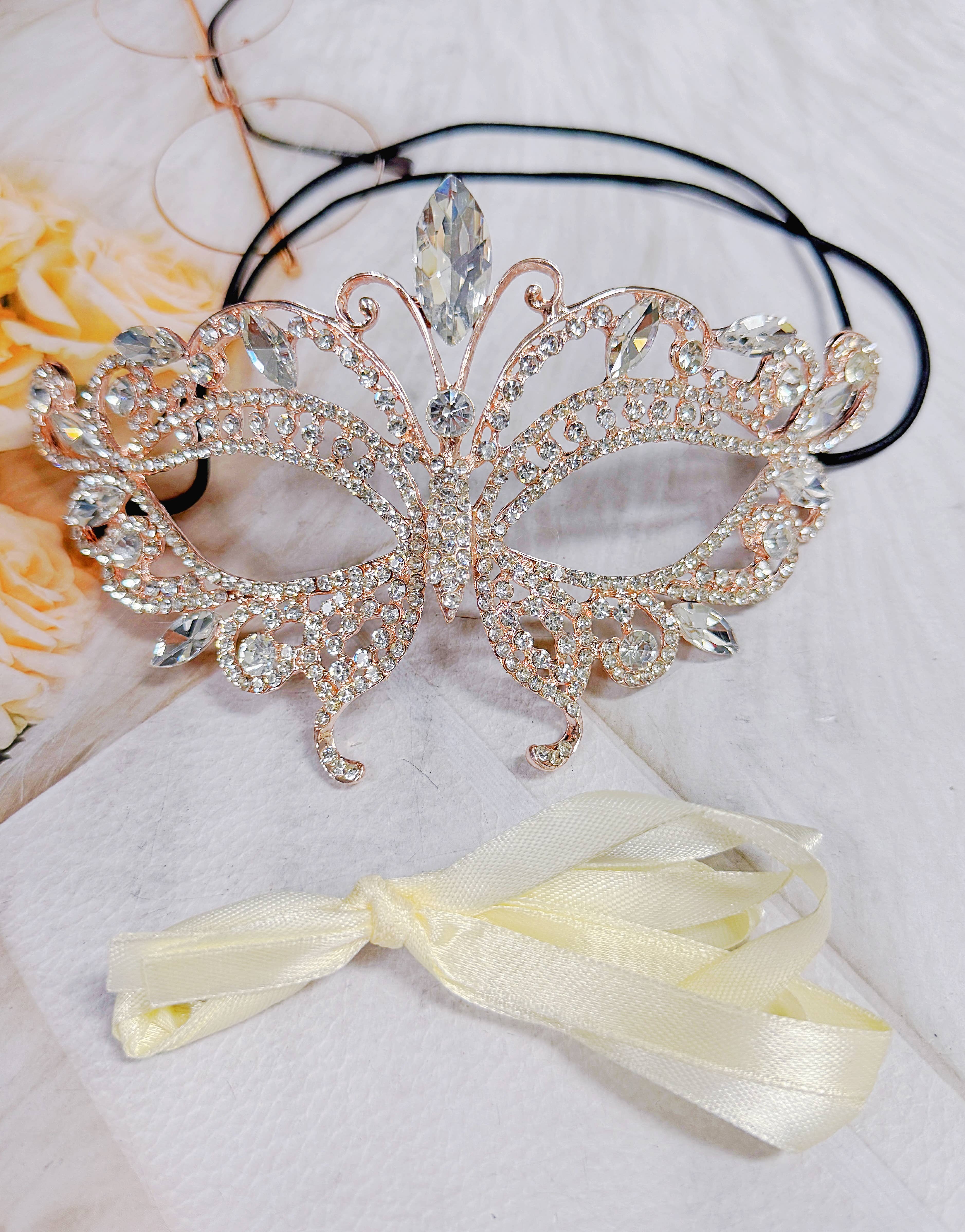 Happy Dream Gifts – Großhandel Kostüm – Damen – Roségoldene Maske, Klare Steinmaske, Schmetterlingsmaskenball-Maske7