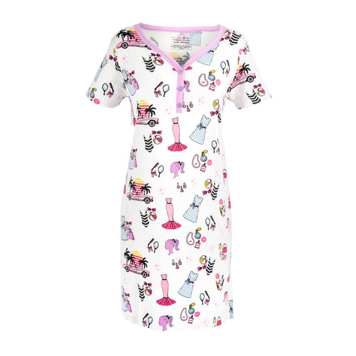 Malibu Girl Nightdress | White, Purple, Fun 50s Nightgown for wholesale by Amanda Blu