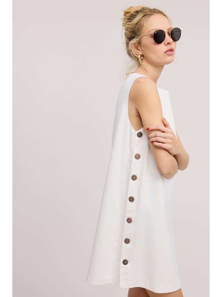 Mimosa - Wholesale Dress - Women's - Wooden Side Button Detail Sleeveless Linen Mini Dress