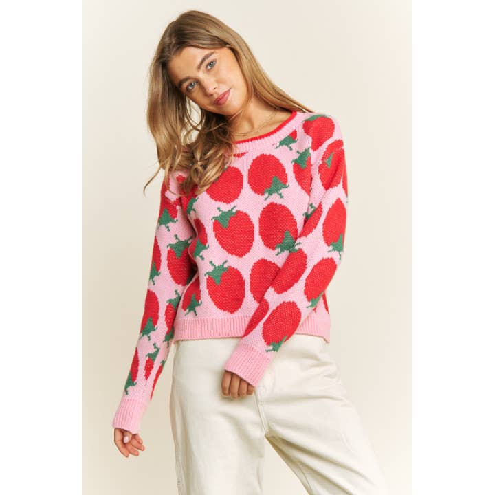 Pink Multi CUTE STRAWBERRY JACQUARD CASUAL PULLOVER SWEATER for wholesale on Faire1
