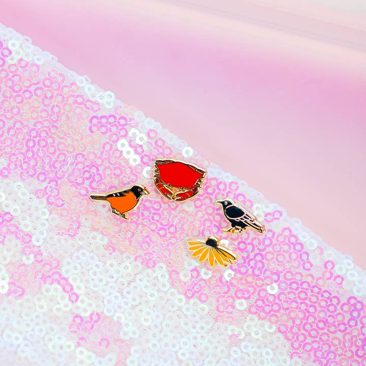 Maryland Mini Pin Set: Crab, Raven, Oriole, Black Eyed Susan for wholesale by Brylliant Design LLC