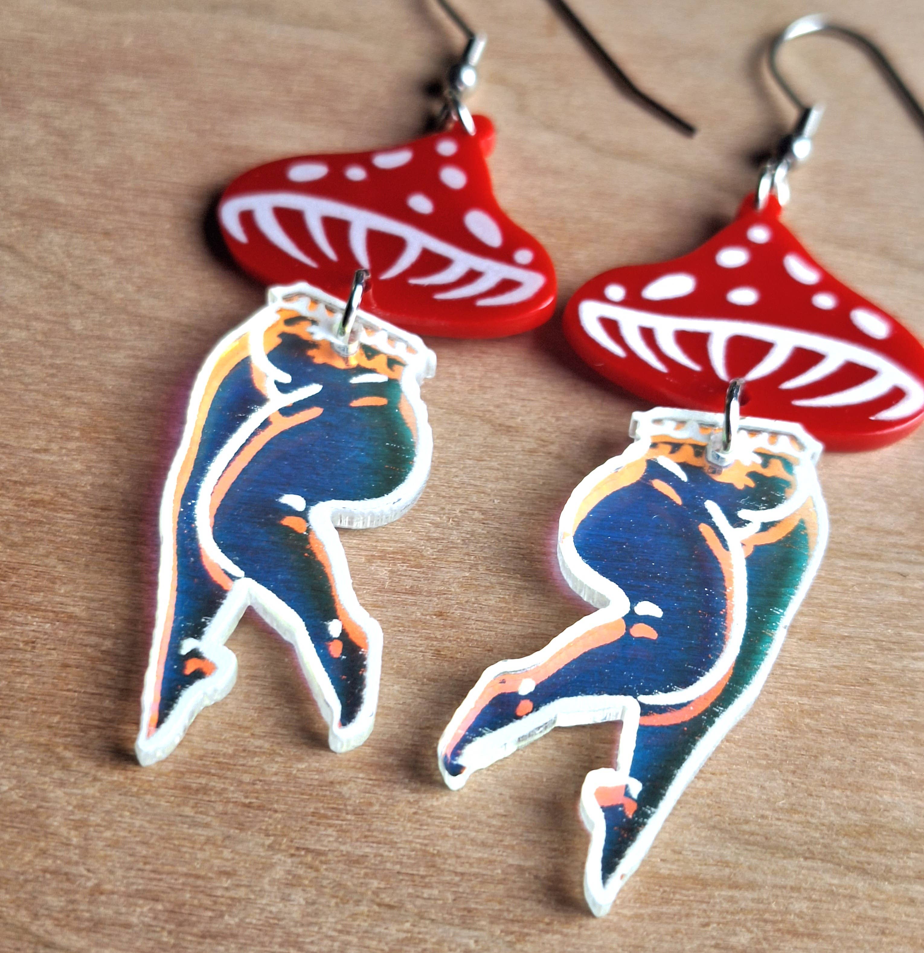 Jedi Woods LLC - Wholesale Dangle Earrings - Mushroom Lady Earrings with Red and Irredescent Acrylic7