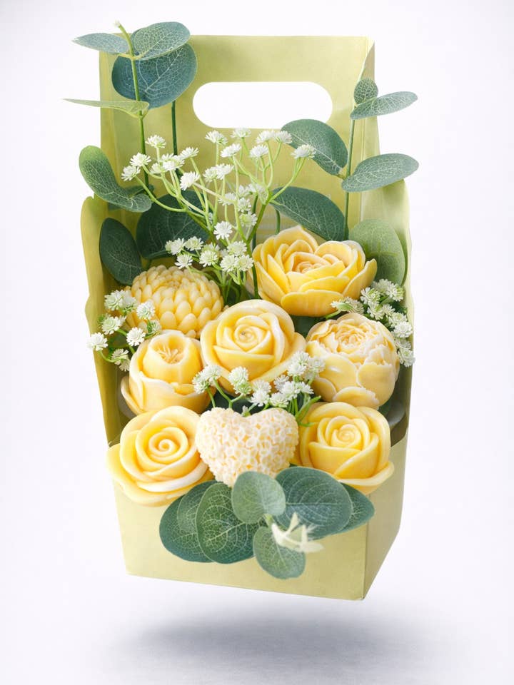 Bokset jordbær- og liljevokssmeltbuket for engroshandel hos Ignite Candles