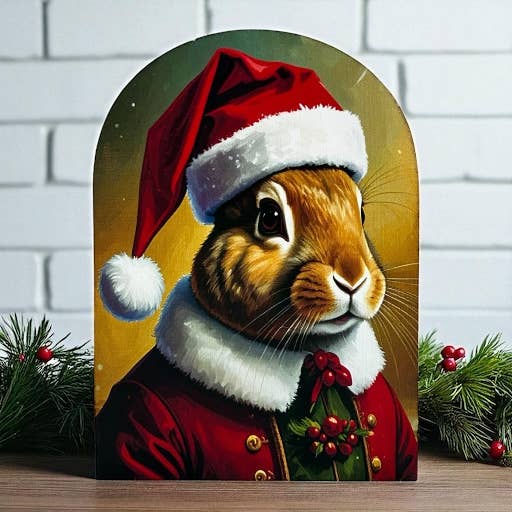 Inkwood Crafters - Wholesale Christmas Decoration - Bunny in Santa Hat Wood Arch-Christmas 2025 Decor Sitter