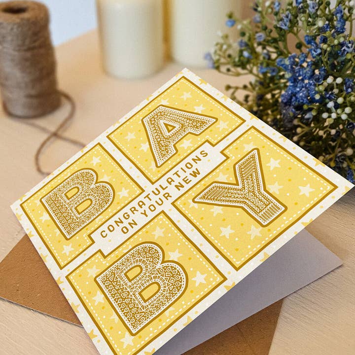 Jess A Little Creative - Wholesale Baby Card - Yellow Gender Neutral Typographic New Baby Card