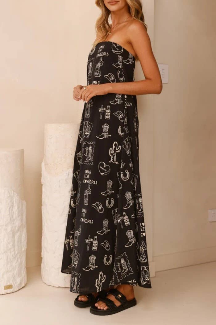 Rosa Clothing - Wholesale Dress - Women's - Western cowgirl Desert Theme print strapless dress13