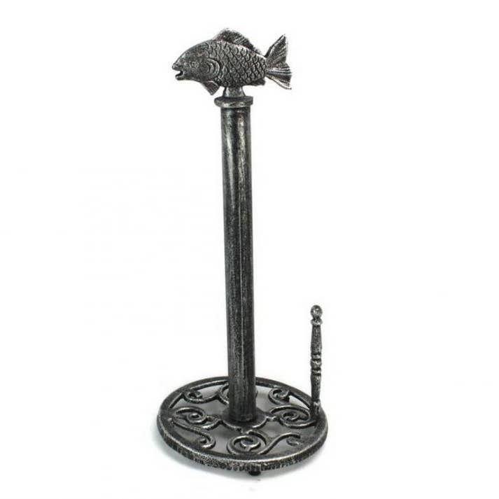 Porte-serviettes en papier de poisson en fonte d'argent antique 15" pour la vente par Hampton Nautical