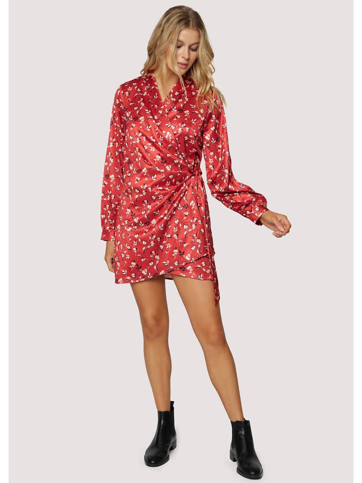 Falling In Love Mini Dress - Red Satin Floral Waist Tie for wholesale on Faire