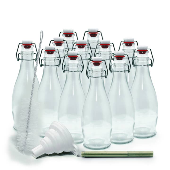 Nevlers - Wholesale Milk/Juice Bottle - Glass Swing Top Bottles -8.5 oz. Teardrop Design (Set of 12)