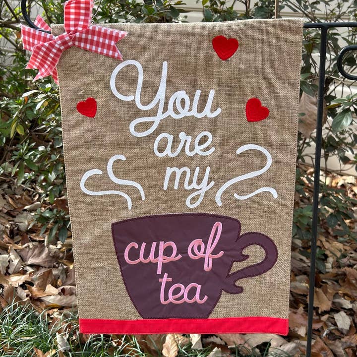 Cup of Tea Burlap 2-Sided Garden Flag 12.5x18" for wholesale by JEC Home Goods Inc