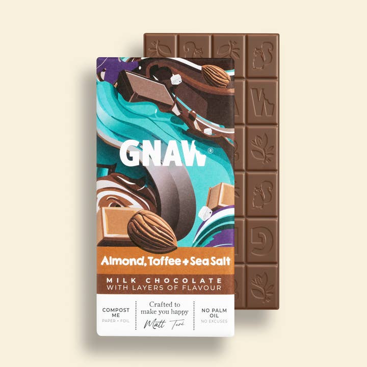 Almond, Toffee & Sea Salt Chocolate Bar for wholesale by GNAW Chocolate