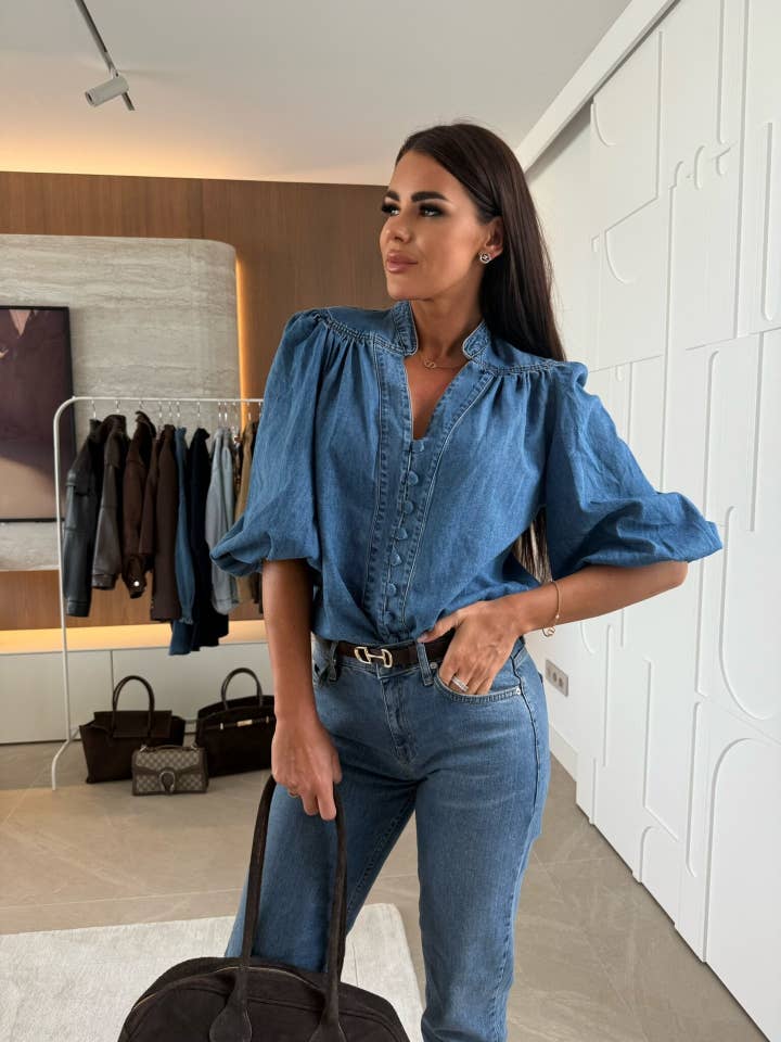 Hope & Sunshine - Wholesale Button Down Shirt - Women's - Lantern Sleeve Denim Shirt1