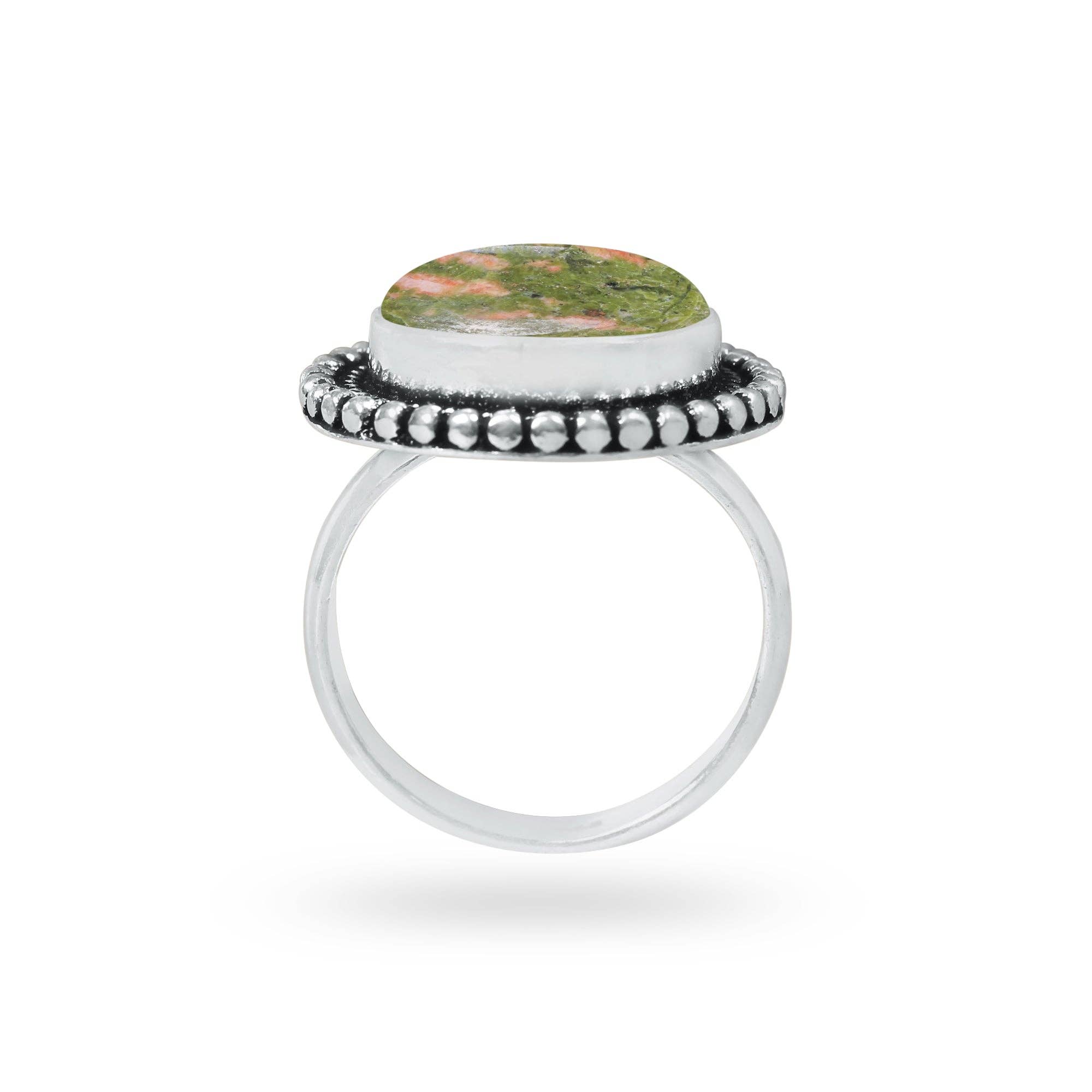 Handmade Jewels - Vente Bague de cocktail/de cérémonie - Bagues en unakite – Fait main, plaqué argent, rose-vert terreux (fabriqué sur commande)1
