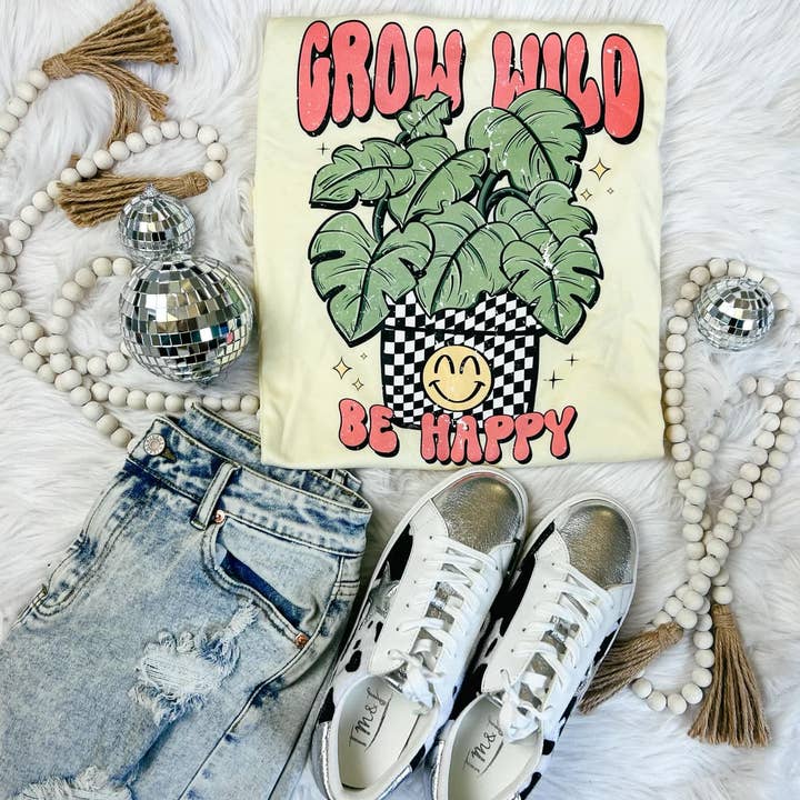 T-shirt à motif végétal Grow Wild & Be Happy pour la vente par ZZ Threadz