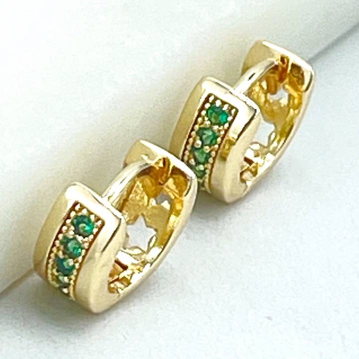 DIJU Jewelry - Wholesale Huggie Earrings - 18k Gold Filled Green Micro Cubic Zirconia Details with Back Cutout Stars Huggie Hoop Earrings, Wholesale Jewelry Making Supplies0