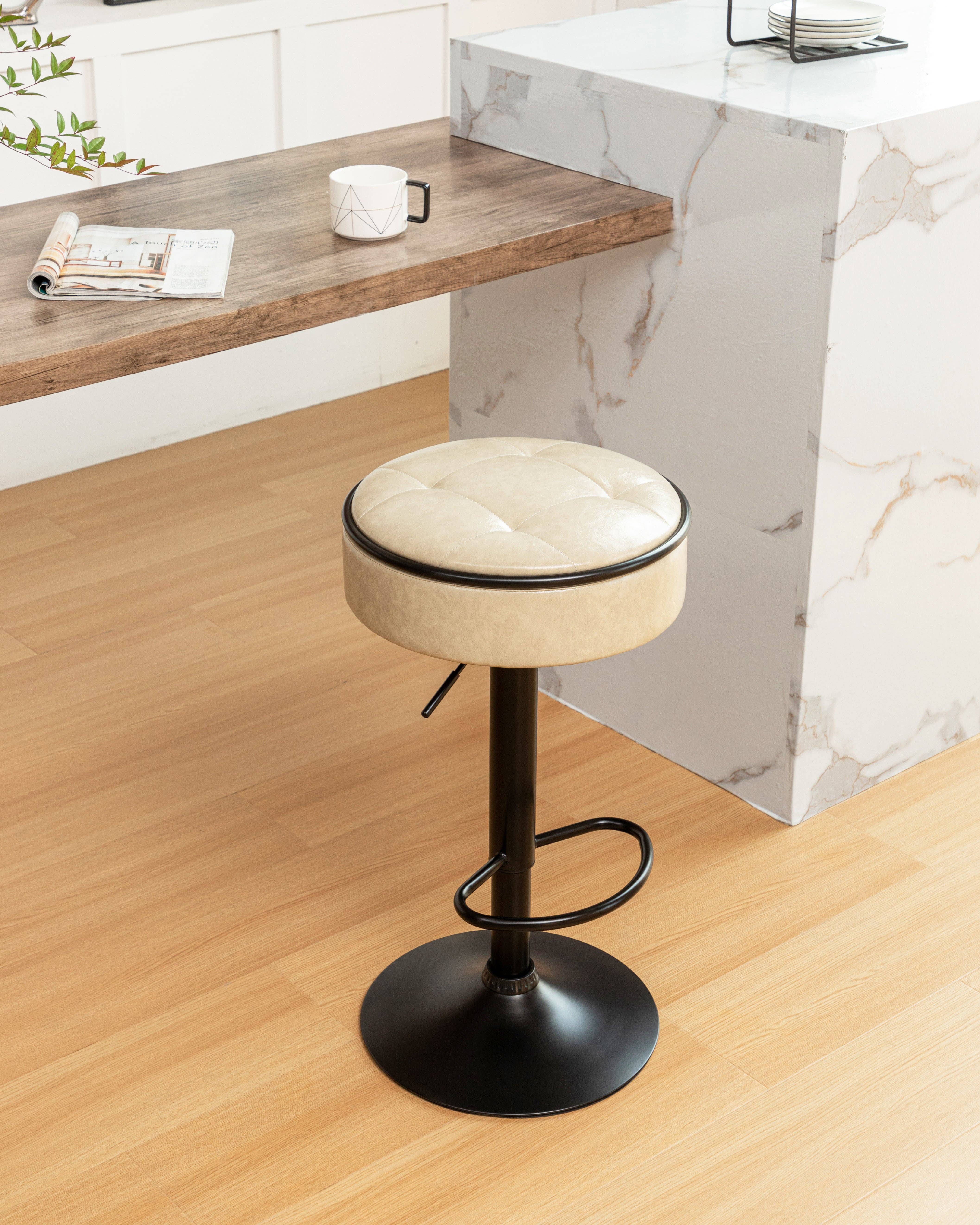 Orange County Decor - Wholesale Stool - Round Storage Bar Stool Set Of 2, Khaki Faux Leather Height Adjustable Barstool, 360 Counter Height Swivel Stool, Armless Bar Chair With Metal Frame For Kitchen Counter Dining Living Room Khaki Set21