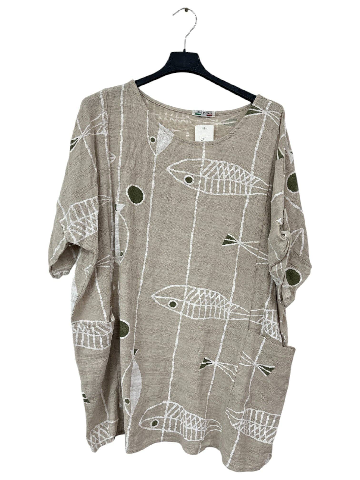 Miss Bold - Wholesale Blouse - Women's - Italian Crinkle Cotton Fish Print Top with Pockets & Turn-Up Sleeves