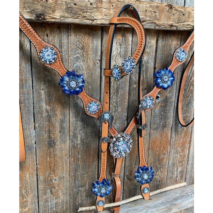 Light Oil Basketweave Blue Wither Strap, One Ear & Breastcollar Tack Set #OEBC438 for wholesale by Rodeo Drive
