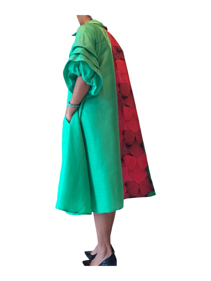 India Batik - Wholesale Dress - Women's - Swing Dress/ Faux Silk/ Ruffle Sleeve - Two Tone