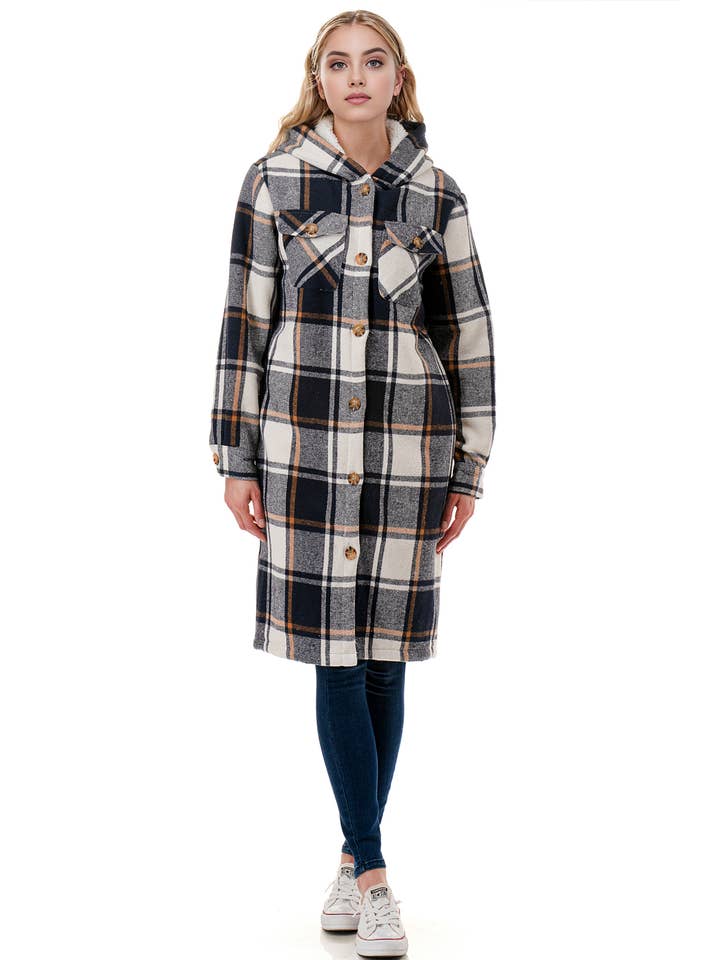 Color 5 - Wholesale Shirt Jacket/Shacket - Women's - Sherpa fur lined plaid flannel jacket with hoodie and pocket11